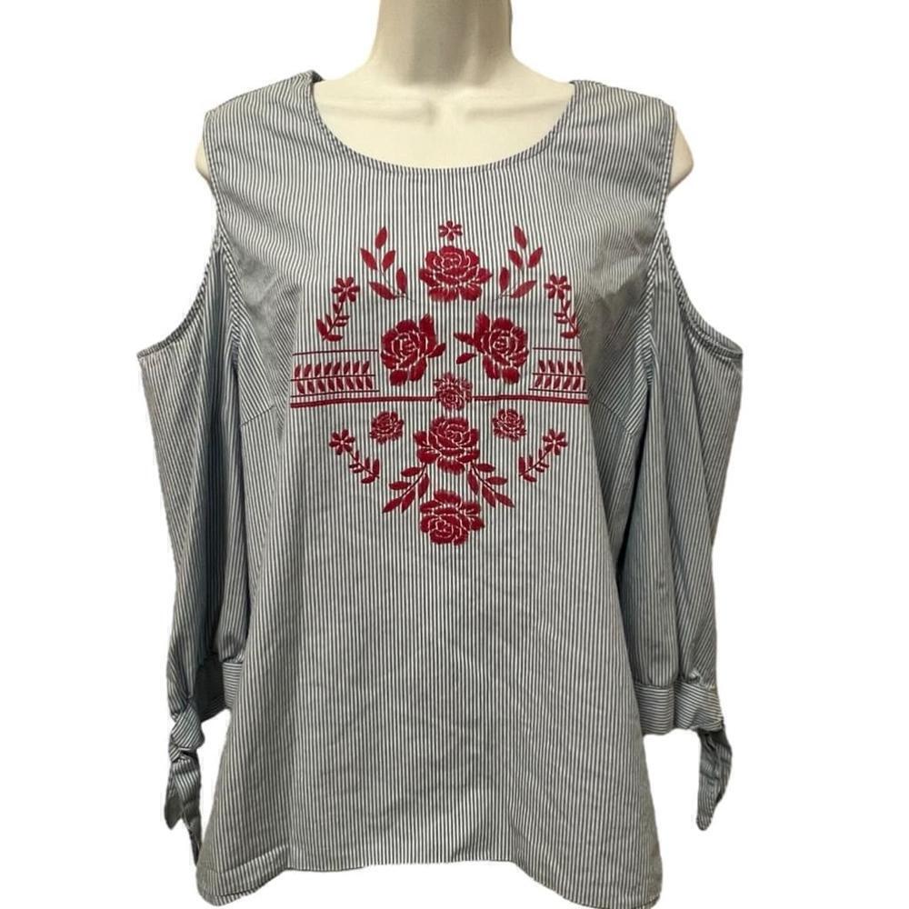 LEE Women’s Embroidered Red Roses Cold Shoulder Blouse, Size XL